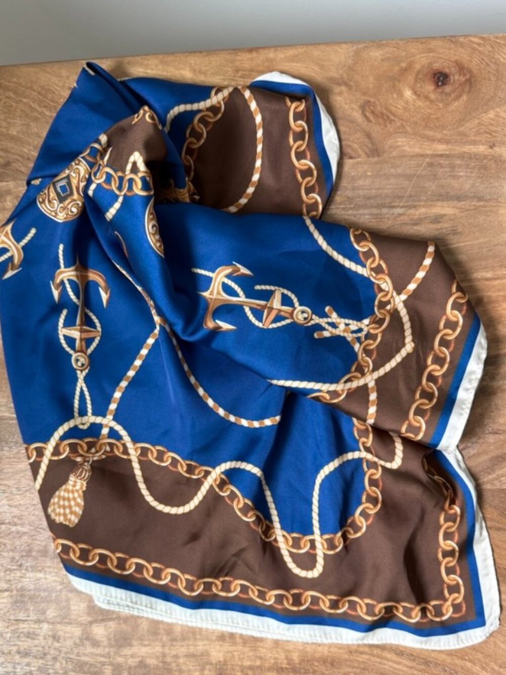 VINTAGE Nautical Silk Feel Square Scarf Navy Blue Brown Anchors Gold Chains